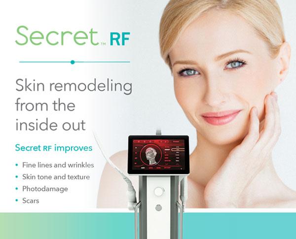 a promotional banner describing the benefits of Secret RF for skin rejuvenation